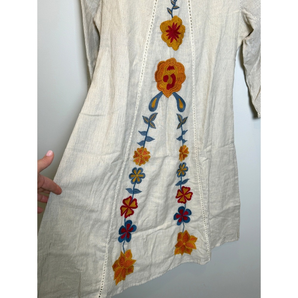 Roolee S 100% Cotton Embroidered Flower Cream Striped Dress Boho Cottage Lace - Picture 2 of 14